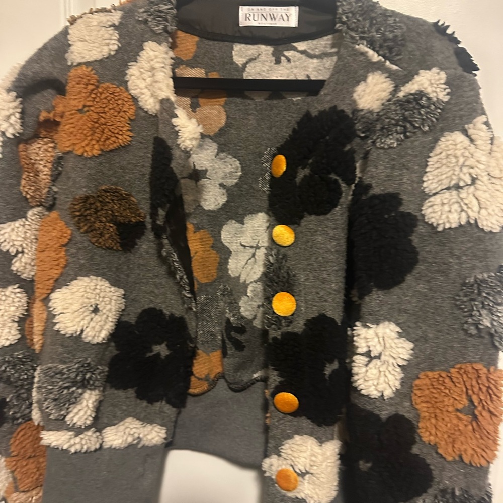 Gray Floral Cardigan with Orange Buttons